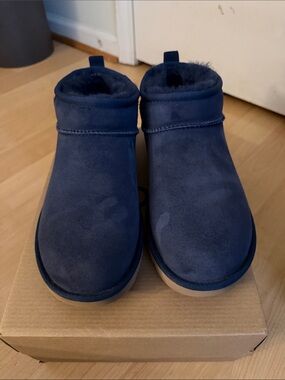 UGG Navy Suede Mini Bootie with Tan Sole